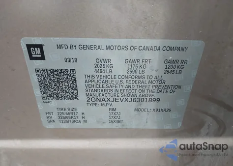 2018 Chevrolet Equinox Lt z USA, uszkodzony, nr VIN 2GNAXJEVXJ6301899